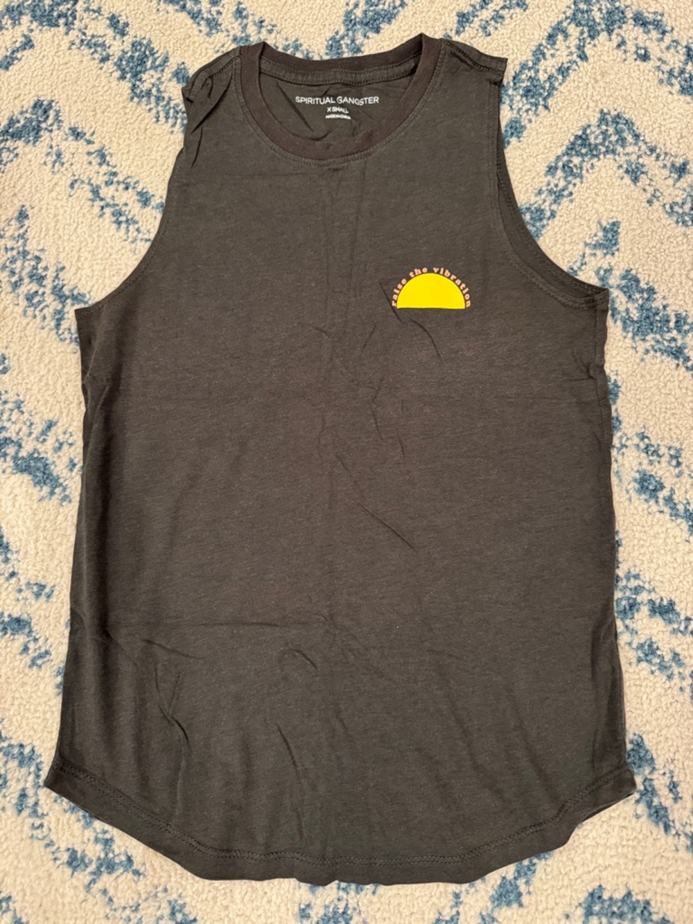 SPIRITUAL GANGSTER Charcoal Muscle Tank with Yellow Sun Graphic